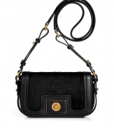 Perfectly petite and finished with luxe haircalf, Marc by Marc Jacobss black leather bag is an urban cool accessory guaranteed to amp up your outfit - Long shoulder strap, laser cut haircalf snakeskin-effect flap with logo turnlock closure, 4 inside back wall credit card slots, protective feet - Perfect for cocktails with sharply tailored sheath dresses and polished gold statement jewelry