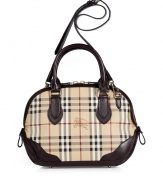 Detailed in a logo check with sleek chocolate leather trim, Burberry Londons small bowling bag is an iconic multi-season must-have - Double top handles, removable buckled shoulder strap, two-way top zip, gold-toned logo hardware, inside back wall zippered pocket, two front wall slot pockets, protective feet - Carry as a sophisticated compliment to polished daytime looks