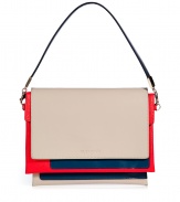 Detailed in a contemporary mix of smooth and textural contrast-hued leathers, Jil Sanders colorblocked clutch is a cool choice perfect for adding a punch of color to your outfit - Two sectional flap pockets, outside flap with embossed logo and hidden magnetic snap, removable handle in tonal metallic blue leather, stitched back slot pocket - Wear with monochrome separates and streamlined nude accessories