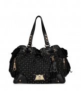 Inject edgy style into your statement handbag collection with Juicy Coutures iconic Daydreamer tote in studded black nylon, part of the Upscale Quilted collection - Metal shield logo plate, black leather trim, grosgrain bows, zippered side pockets, tassel key fob, inside zippered and slot pockets - Perfect for adding a kick of cool to your glamorous looks