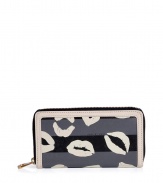 Carry your cash and cards in style with this kiss-covered wallet from Marc by Marc Jacobs - Classic rectangle shape, top zip closure, multiple compartments for cash, cards, and coins, allover kiss print, front embossed logo detail, leather trim - Perfect for daily use or as a thoughtful gift