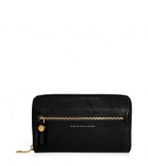 Tote around your travel essentials in style with this black leather wallet from Marc by Marc Jacobs - Zippered front pocket, embossed logo, zip-around closure, multiple card slots and zippered inside pocket - Perfect for keeping organized on vacation or giving as a sleek holiday gift