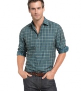 Change the everyday pattern of your wardrobe with this plaid shirt from Van Heusen.