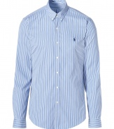 Easy, understated and classically cool, Polo Ralph Laurens striped button down is a must in any modern wardrobe - In a soft, pure blue and cream printed cotton poplin - New slim cut is more fitted through chest and torso - Small collar, cuffed sleeves and full button placket - Iconic embroidered polo pony logo at chest - Dress up with suit trousers and a blazer, or go for a more casual look with jeans and a pullover