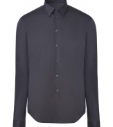 Anchor your wardrobe with classically stylish staples like this slate grey Costume National cotton blend dress shirt - Slim, straight cut, with a touch of stretch for extra comfort - Button down style, with Kent collar and long sleeves - Rounded hem hangs slightly longer in the back - Seamlessly transitions from day to evening - Pair with suit trousers, chinos or denim