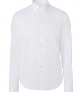 Anchor your wardrobe with classically stylish staples like this white Costume National cotton blend dress shirt - Slim, straight cut, with a touch of stretch for extra comfort - Button down style, with Kent collar and long sleeves - Rounded hem hangs slightly longer in the back - Seamlessly transitions from day to evening - Pair with suit trousers, chinos or denim