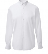 Classic shirt in fine white cotton - Slim silhouette with small collar, placket and long sleeves - Rounded hem with a longer back than front  - Favorite shirt for its simple elegance -  Great with a suit jacket and jeans, chinos or corduroys