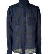 With a downtown-approved modern check print, this casual-cool button down from Vince is a new-season staple - Spread collar, long sleeves, front button placket, flap pockets at chest, semi-sheer, allover check print - Slim fit - Wear with straight leg jeans, chinos, or slim trousers