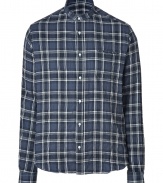 The classic flannel gets a contemporary remake in Iros deconstructed cotton plaid version, a Downtown-cool choice tailored to all-season sophistication - Short stand-up frayed collar, long sleeves, buttoned cuffs, button-down front, white stitching, shirttail hemline - Modern straight fit - Wear with edgy leather jackets and dark washed skinny jeans