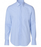 Detailed with delicate dotting and minuscule micro striping, this light blue shirt from Rag & Bone lends a modern edge to your timeless-classic staples - Cutaway collar, long sleeves, buttoned cuffs, hidden button-down front, shirttail hemline - Contemporary straight fit - Wear with blazers and slim cut trousers for that cool London look