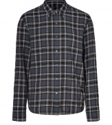 Work a rugged edge into casual cool looks with James Perses modern plaid shirt - Classic collar, long sleeves, buttoned cuffs, button-down front - Slim fit - Wear with jeans or chinos and bright desert boots