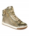 Such a fancy pair of everyday kicks. MICHAEL Michael Kors' Urban studded high-top sneakers feature a lace-up closure and shiny metallic detail along the toe.