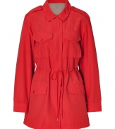 Stylish jacket made ​.​.of fine, red cotton-nylon blend - Casual but feminine parka-form is long with drawstring waist, shoulder bars, flap pockets, small collar and concealed zip - A favorite jacket for spring, it is trendy and protective - Pair with skinny jeans and boots, or cropped chinos and ballet flats