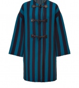 Lush, densely woven knits and an elegant, eye-catching navy and petrol blue stripe motif make M Missonis long jacket a major must - Fluid, straight silhouette - Wide, 3/4 sleeves and round neck - Toggle closure and decorative chocolate leather piping - Versatile and polished, perfect for pairing with everything from jeans and a long sleeve t-shirt to a button down and leather pants or a pencil skirt