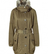 The parka goes luxe with this style-centric iteration from Burberry Brit - Stand collar with snap and toggle closure, hood with fur trim, front button placket, elasticized cuffs and hem, belted waist, flap pockets - Pair with skinny jeans, an oversized cashmere pullover, and over-the-knee boots