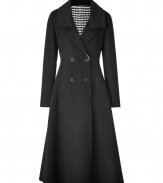 Elevate your cold weather style with this elegant and versatile long wool coat from Jil Sander - Large spread collar, long sleeves, double-breasted with front button placket, fitted bodice with flared silhouette, back belt - Wear with a fitted cocktail sheath or with slim trousers and a silk blouse