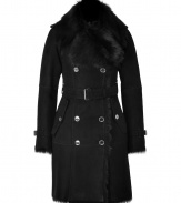 The ultimate investmentthis ultra-luxe double-breasted shearling coat from Burberry London will elevate your cold weather style - Large fur spread collar, epaulets, long sleeves with belted cuffs, double-breasted front button placket, belted waist, flap pockets, fitted silhouette - Wear with skinny jeans and a cashmere pullover or a fitted cocktail sheath