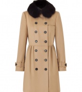 Ladylike luxe comes alive with this tailored cashmere-blend coat from Burberry London - Detachable fur collar, double-breasted, front button placket, long sleeves with belted cuffs, fitted bodice, flared bottom with pleating at waist and back - Wear with skinny jeans and a cashmere pullover or a fitted cocktail sheath