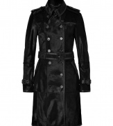 Embody luxury in this sleek trench rendered in sumptuous calf hair from Burberry London - Spread collar, long sleeves with belted cuffs, epaulets, double-breasted buttoned front placket, belted waist, button detail at back yoke - Tailored fit - Wear with skinny jeans and a cashmere pullover or over a fitted cocktail sheath