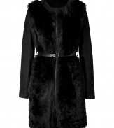 Wrap yourself up in trend-right luxe with this fur and leather combo coat - Round neck, long leather sleeves, slim fur body, front zip closure, belted waist - Pair with sleek trousers and a blouse, or a slinky cocktail sheath