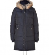 Stay warm in style with this down parka from Parajumpers - Fur trimmed hood with clasp closure, concealed front zip closure, long sleeves with logo at shoulder, zip pockets, side zips at hem, quilted, water resistant lining, back zip slit and drawstring - Style with skinny jeans, a cashmere sweater, and shearling boots