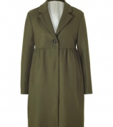 This olive coat of wool and cashmere brings unexpected feminine style to your winter wardrobe - Empire waist and trendy short form - Moderately deep lapels, long sleeves, single-button closure and side pockets - Versatile enough for a business suit, cocktail dress or more casual looks