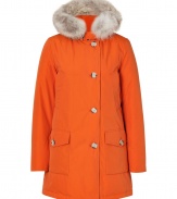 Stay warmand stylishin this super chic and durable down parka from iconic outerwear brand Woolrich - Fur-trimmed hood, concealed zip closure with front button placket, slash pockets at chest, flap pockets at waist, long sleeves, slim fit, water and snow resistant, can withstand temperatures up to minus 35 degrees - Perfect for hitting the slopes or a snow-filled day in the city