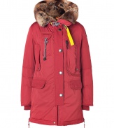 Whether youre hitting the city or the slopes this season, Parajumperss red down parka is a sporty-luxe cold-weather essential - Full zip and supplementary button placket, elbow patches and decorative contrast yellow trim, faux fur trim and hood lining, two vertical flap pockets at chest, two oversize flap pockets at hips and single skinny pocket with drawstring - Slim cut style hits mid-thigh - Fashionable and functional, a stylish must for all casual winter looks