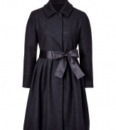 Top off your cocktail-ready style with this ladylike wool-blend swing coat from Jil Sander Navy boasting a chic satin bow belt - Spread collar, bracelet-length sleeves, concealed front placket, self-tie satin bow belt - Pleated full skirt silhouette - Pair with a slinky cocktail sheath and classic pumps