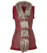 Luxurious shearling vest in red lambs leather and fur - Must-have boho piece for fall and winter - Features a slim, long design with decorative fur at collar and front, zippered pockets and buckles at front - Wear with leggings or skinny jeans and a favorite thin cashmere top underneath