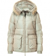 Stay warm in style with this down parka from Parajumpers - Fur trimmed hood with clasp closure, concealed front zip closure, long sleeves with logo at shoulder, zippered and patch pockets, quilted, water resistant lining, classic fit - Style with skinny jeans, a cashmere sweater, and shearling boots