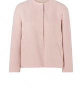 A pristine example of the contemporary Jil Sander look, this soft blush wool jacket is a statement must-have for modern-minimalist wardrobes - Collarless, long sleeves, hidden front snaps, side slit pockets - Boxy retro cut - Team with monochrome dresses and jet black accessories