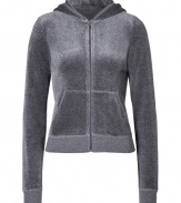 Super chic heather grey velour hoodie by Juicy Couture - Add comfort to your wardrobe staples with this versatile hoodie - Flattering slim silhouette with front kangaroo pockets - Pair with matching pants and flats for an everyday look - Wear with skinny jeans, a t-shirt, and wedges