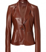 Ultra-luxe jacket in pure, supple leather - Rich hazelnut hue and intricate decorative stitching - Fitted, feminine silhouette hits just below hips and tapers at waist - Single breasted blazer cut with notched lapels and single button closure - Two front pockets and rear vent - Gorgeous and versatile, an absolute investment piece perfect for work, weekend and leisure - Pair with just about anything in your wardrobe, from denim trousers and cigarette pants to pencil skirts and knit dresses