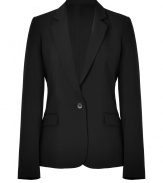 Update your office-ready favorites with this flattering tailored blazer from Theory - Notched lapels, long sleeves, single-button closure, flap pockets, fitted silhouette - Wear with a pencil skirt and a tie-neck blouse or wide leg trousers and a modern button down