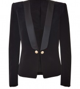 Classic with a modern twist, this luxe tuxedo jacket from Balmain adds stylish pizzazz to any look - Wide satiny lapels, single button closure with gold-tone buttons, long sleeves, fitted silhouette, button cuffs - Wear with leather leggings, a bustier, and platform heels