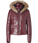 Supple bordeaux lamb leather and eye-catching fur trim lend this sleekly elegant Ventcouvert jacket its effortless winter-chic appeal - Slim cut quilted style tapers gently through waist and crops at hips - Zip closure, pockets at either side and zipper embellishment at cuffs - Stand-up collar and on trend, fur-trimmed hood - Streamlined and sophisticated, the easiest way to stay warm while looking cool this season! - Pair with any number of looks, from jeans to leggings to knit dresses