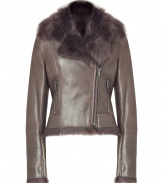 Combat the cold in this ultra-luxe metallic-hued shearling jacket from Ventcouvert - Large fur-lined collar, asymmetrical zip closure, long sleeves, zip pockets, slim fit, fur trim at cuffs and hem - Style with a figure-hugging sheath or skinny jeans and a pullover