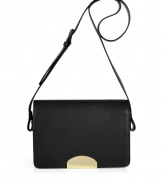 Streamline modern-minimalist looks with Maison Martin Margielas perfectly petite black leather flap-over shoulder bag - Metal plaque on flap, top zip, buckled shoulder strap, inside zippered back wall pocket - Team with deconstructed separates and edgy accessories