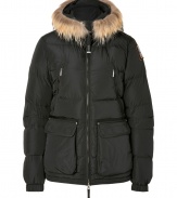 Stay warm in style with this cozy down jacket from Parajumpers - Raccoon fur-lined hood, front zip closure, long sleeves, zip pockets at chest and flap pockets at waist, slim fit, quilted - Perfect for a day on the slopes or a cold day in the city