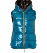 Sporty and sleek, this slim down vest from Duvetica is a cold weather must-have - Hood with decorative zipper trim, dual-zip front closure, sleeveless, zip pockets, quilted, slim fit - Wear with an oversized pullover, leather leggings or skinny jeans, and ankle booties