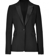 Tailored looks get an ultra luxe finish with Tara Jarmons immaculately cut silk trimmed blazer - Reverse lapel, long sleeves, single button closure, flapped pockets, back vent, tailored fit - Pair with sleek leather trousers and color-pop accessories