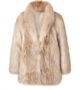 Make a dramatic statement on style in Juicy Coutures ultra glamorous faux fur coat, tinted in neutral tonal blonde coloring for a luxe look guaranteed to make an impact - Shawl collar, V-neckline, long sleeves, open front, side slit pockets - Feminine straight silhouette - Wear as a chic finish to tissue tees, leather leggings and stand-out ankle boots