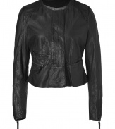 Perfect for adding just the right amount of edge to your outfit, Day Birger et Mikkelsens lightweight lambskin jacket is a smart investment as feminine as it is flattering - Rounded neckline, long sleeves, zippered cuffs, hidden front zip, zippered and slit pockets, tailored waistline with pleated peplum detail, unlined - Tailored, cropped silhouette - Wear with everything from tees and jeans to sheath dresses and statement platform pumps