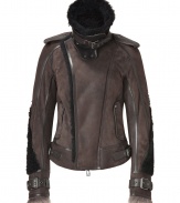 With its cool modern mix of textural fur and suede, Belstaffs shearling jacket is an ultra luxurious take on the forever-favorite moto look - Belted stand-up collar with tonal leather trim, long sleeves, leather belted cuffs with tonal fur trim, leather epaulettes, slit pockets, two-way front zip and snap closures, tonal leather trim throughout, belted sides, fur inside - Tailored fit - Team with slick separates and luxe accessories for an edgy take on cold weather chic