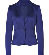 With its sharply tailored fit and timeless classic styling, Hugos oversaturated satin blazer is a business to cocktails essential - Peaked lapel, long sleeves, buttoned cuffs, single button closure, front flap pockets - Slightly shorter, tailored fit - Pair with a crisp white shirt and jeans, or dress up for work with a pencil skirt and peep-toes