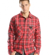 Plaid is back and you'll be sporting it with style in this long-sleeved shirt from Triple F.A.T. Goose shirt. Elbow patches on the sleeve add an extra touch to this relaxed look.