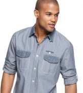 Downtown and dapper. This denim shirt from Marc Ecko Cut & Sew has some serious style appeal.