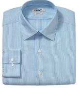 Sleek stripes. This slim-fit shirt from DKNY will be an instant go-to in your nine-to-five rotation.