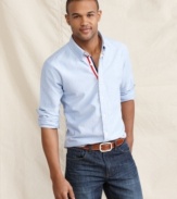 This chambray shirt from Tommy Hilfiger is the ideal complement to your denim look. Contrast placket detailing adds some preppy polish to your style.